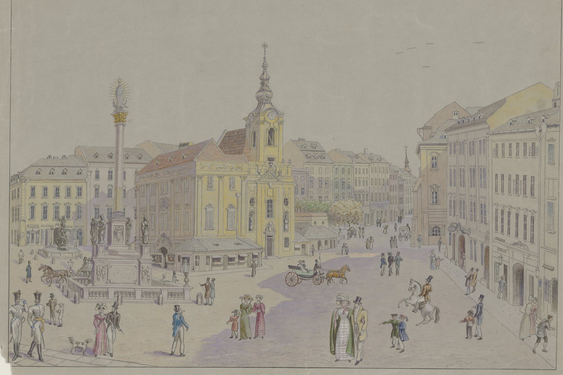 První lampy veřejného osvětlení v Brně byly v roce 1781 instalovány i na balustrádu kolem Morového sloupu na dnešním náměstí Svobody. Kresba z doby asi o 30 let později zachycuje olejové lampy už novějšího typu.