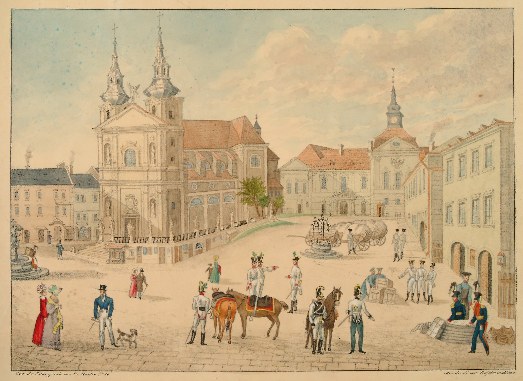 Dnešní Dominikánské náměstí s olejovými lampami kolem roku 1820.