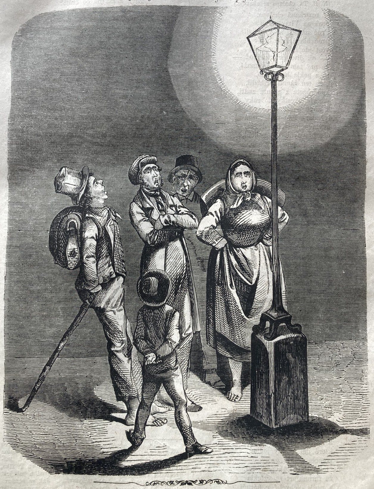 Novinka zavedení plynového veřejného osvětlení se stala i námětem karikatury z roku 1860.